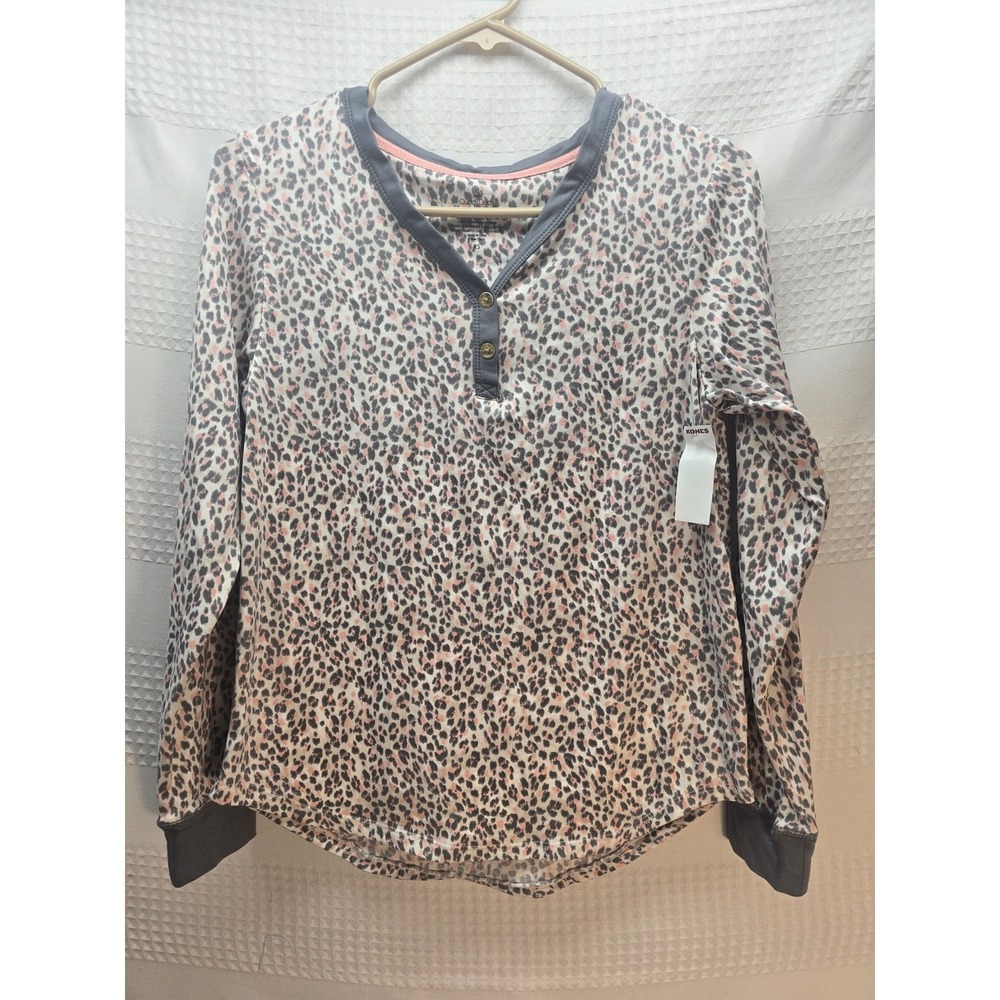 Cuddl Duds Pajama Top Womens XS Animal Print Gray Pink Long Sleeve Henley 6754